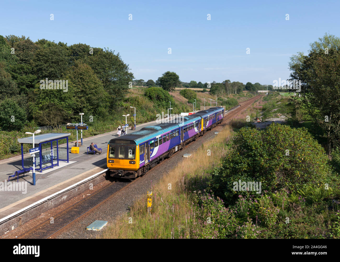 2 Arriva Northern rail class 142 pacer trains at Daisy Hill railway station, Lancashire Stock Photo