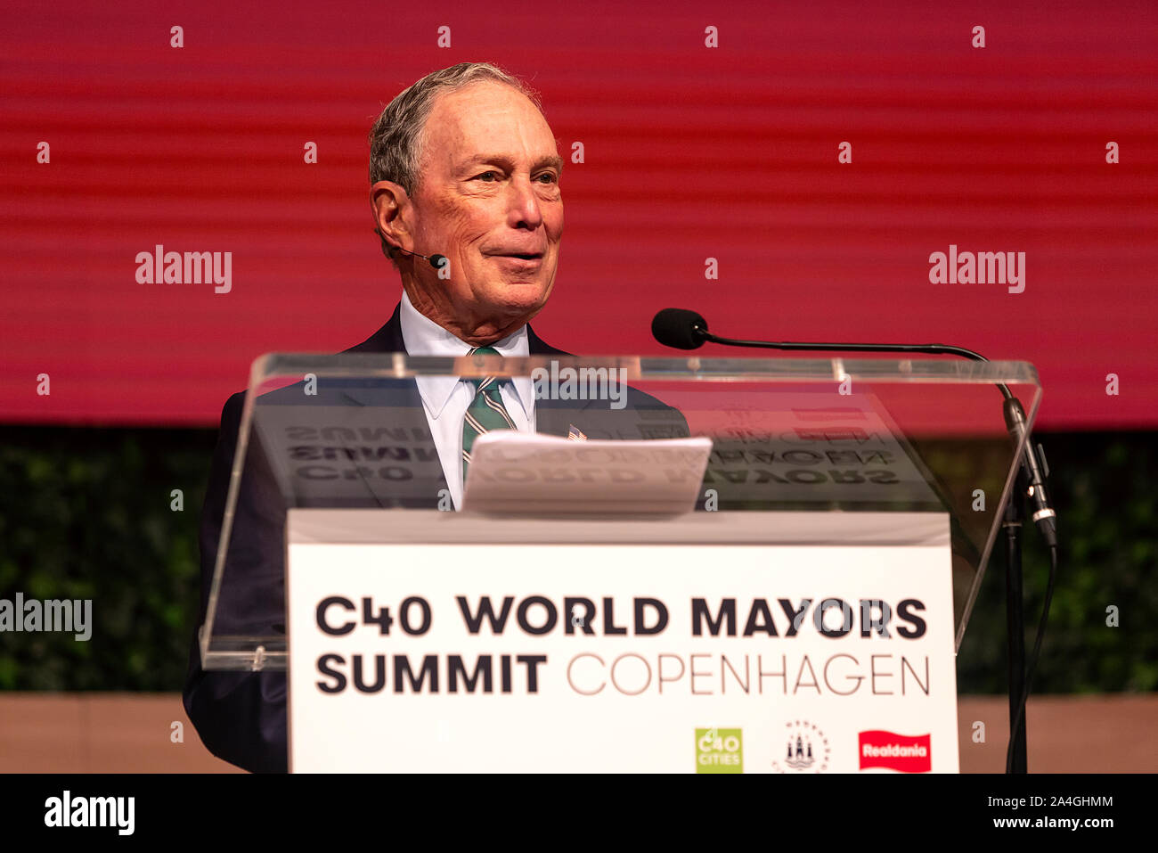 COPENHAGEN, DENMARK -  OCTOBER 10, 2019: Michael Bloomberg, President of the C40 World Mayors Board and former Mayor of New York City during the hand-over of the chair from Anne Hidalgo, Mayor of Paris, to Eric Garcetti, Mayor of Los Angeles, at the C40 World Mayors Summit in Copenhagen. More than 70 mayors of some of the world’s largest and most influential cities representing some 700 million people meet in Copenhagen from October 9-12 for the C40 World Mayors Summit. The purpose with the summit in Copenhagen is to build a global coalition of leading cities, businesses and citizens that rall Stock Photo