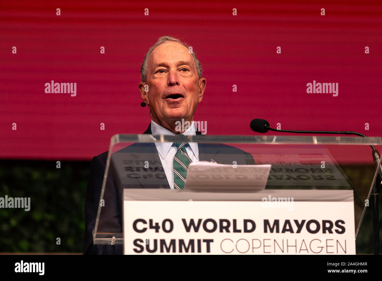 COPENHAGEN, DENMARK -  OCTOBER 10, 2019: Michael Bloomberg, President of the C40 World Mayors Board and former Mayor of New York City during the hand-over of the chair from Anne Hidalgo, Mayor of Paris, to Eric Garcetti, Mayor of Los Angeles, at the C40 World Mayors Summit in Copenhagen. More than 70 mayors of some of the world’s largest and most influential cities representing some 700 million people meet in Copenhagen from October 9-12 for the C40 World Mayors Summit. The purpose with the summit in Copenhagen is to build a global coalition of leading cities, businesses and citizens that rall Stock Photo