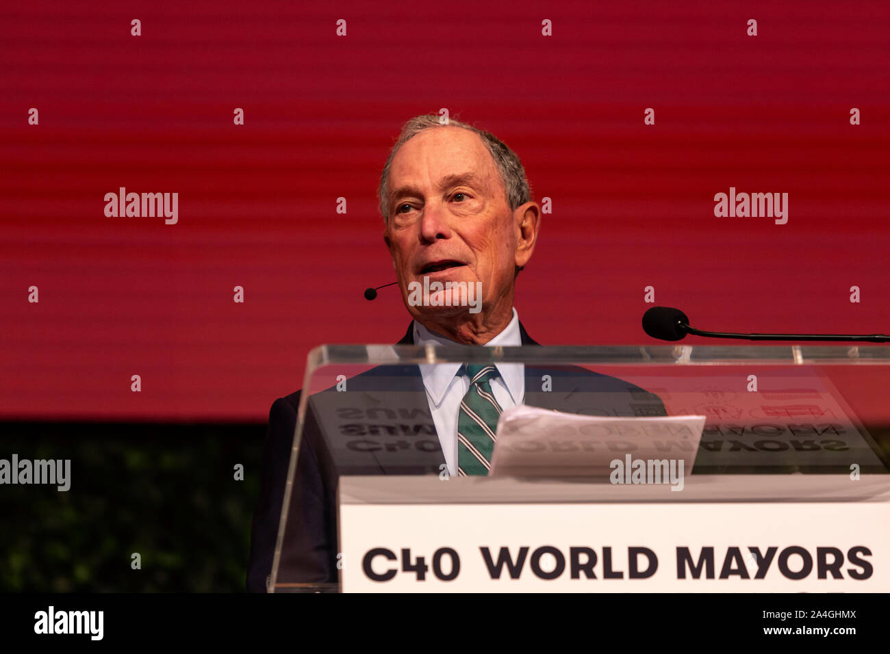 COPENHAGEN, DENMARK -  OCTOBER 10, 2019: Michael Bloomberg, President of the C40 World Mayors Board and former Mayor of New York City during the hand-over of the chair from Anne Hidalgo, Mayor of Paris, to Eric Garcetti, Mayor of Los Angeles, at the C40 World Mayors Summit in Copenhagen. More than 70 mayors of some of the world’s largest and most influential cities representing some 700 million people meet in Copenhagen from October 9-12 for the C40 World Mayors Summit. The purpose with the summit in Copenhagen is to build a global coalition of leading cities, businesses and citizens that rall Stock Photo