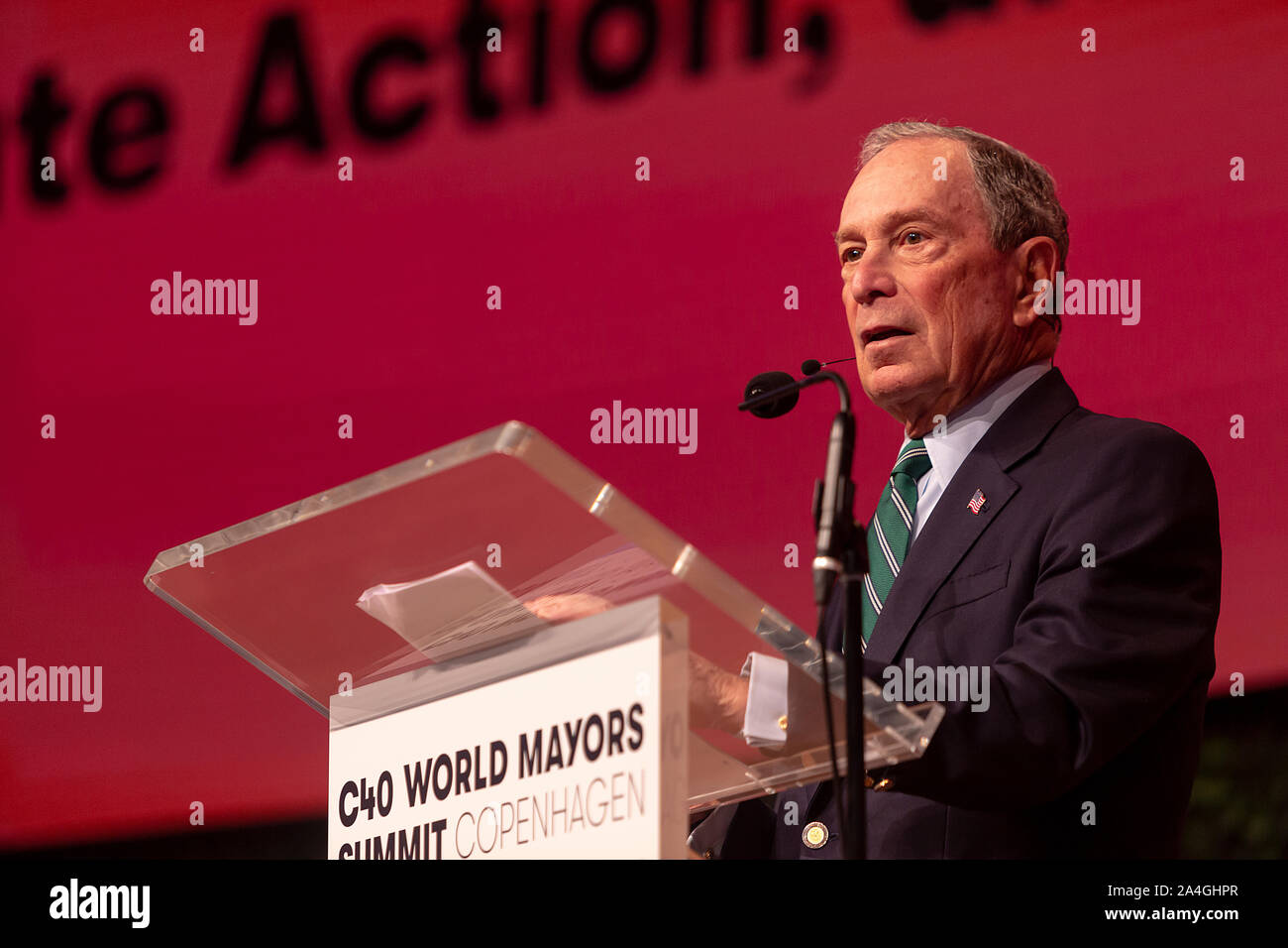 COPENHAGEN, DENMARK -  OCTOBER 10, 2019: Michael Bloomberg, President of the C40 World Mayors Board and former Mayor of New York City during the hand-over of the chair from Anne Hidalgo, Mayor of Paris, to Eric Garcetti, Mayor of Los Angeles, at the C40 World Mayors Summit in Copenhagen. More than 70 mayors of some of the world’s largest and most influential cities representing some 700 million people meet in Copenhagen from October 9-12 for the C40 World Mayors Summit. The purpose with the summit in Copenhagen is to build a global coalition of leading cities, businesses and citizens that rall Stock Photo