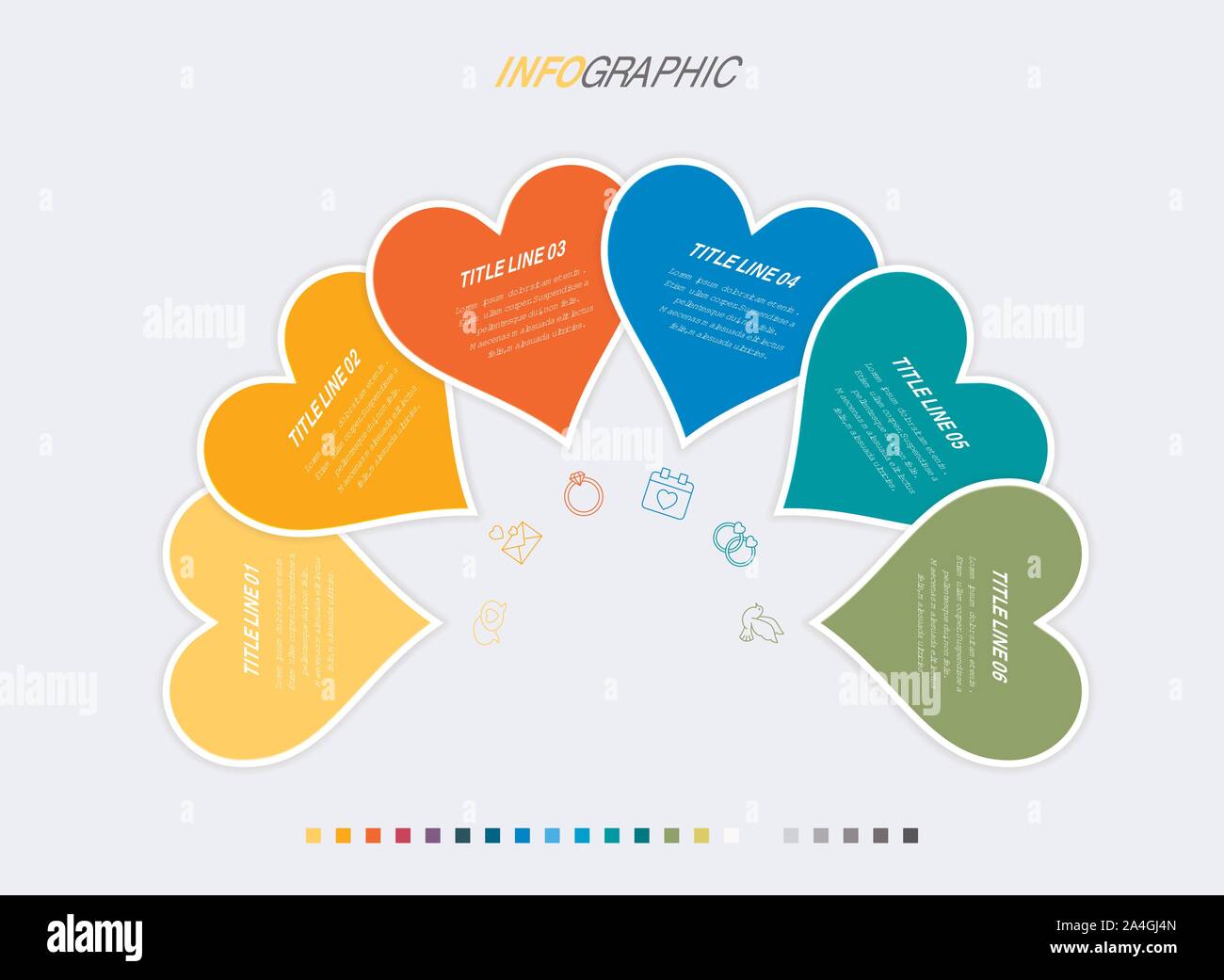 Timeline infographic design vector. 6 options, heart workflow layout. Vector infographic timeline template. Stock Vector