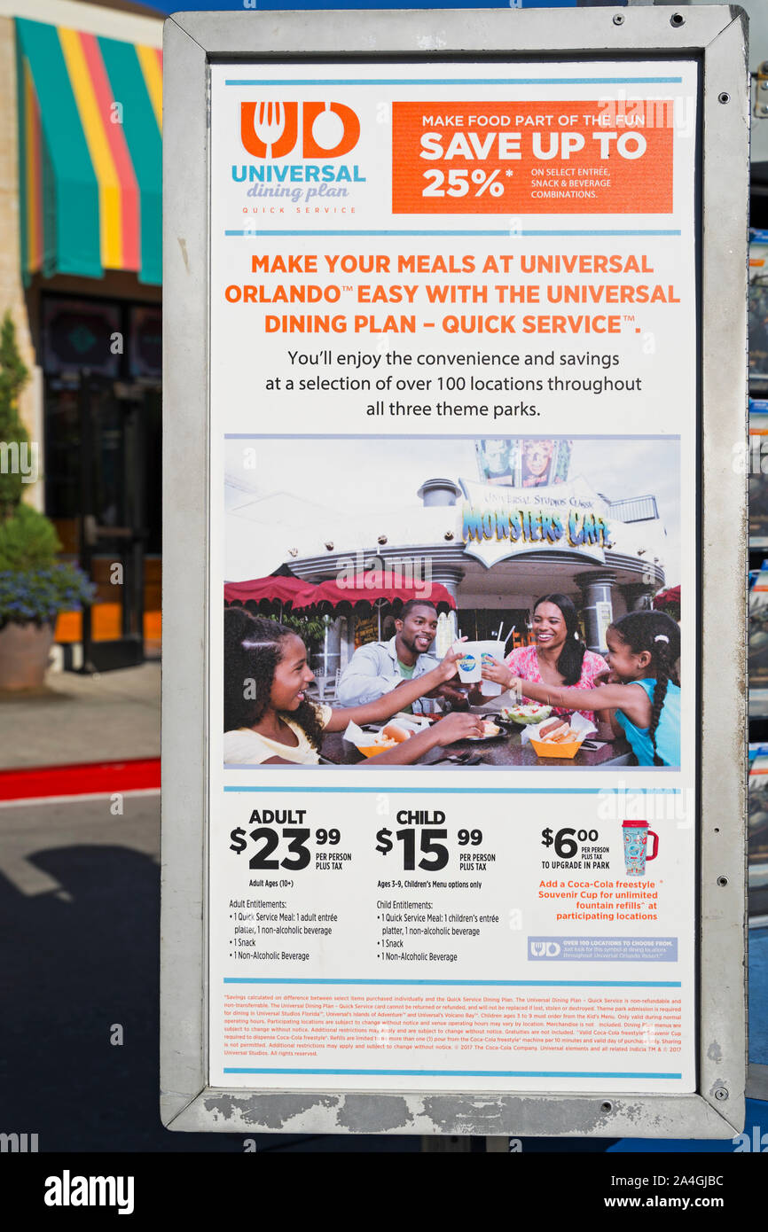 Universal Studios Dining Plan, Meal Plan, Prices and Fees Savings Offer sign, Eating, Dining Packages, Orlando, Florida, USA Stock Photo