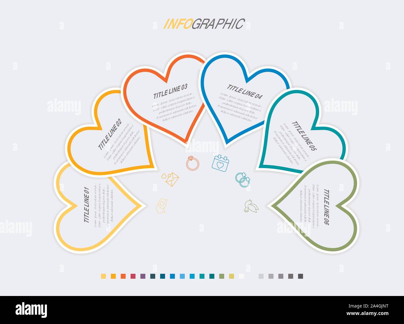 Colorful diagram, heart infographic template. Timeline with 6 hearts. Love workflow process for valentines. Vector design. Stock Vector