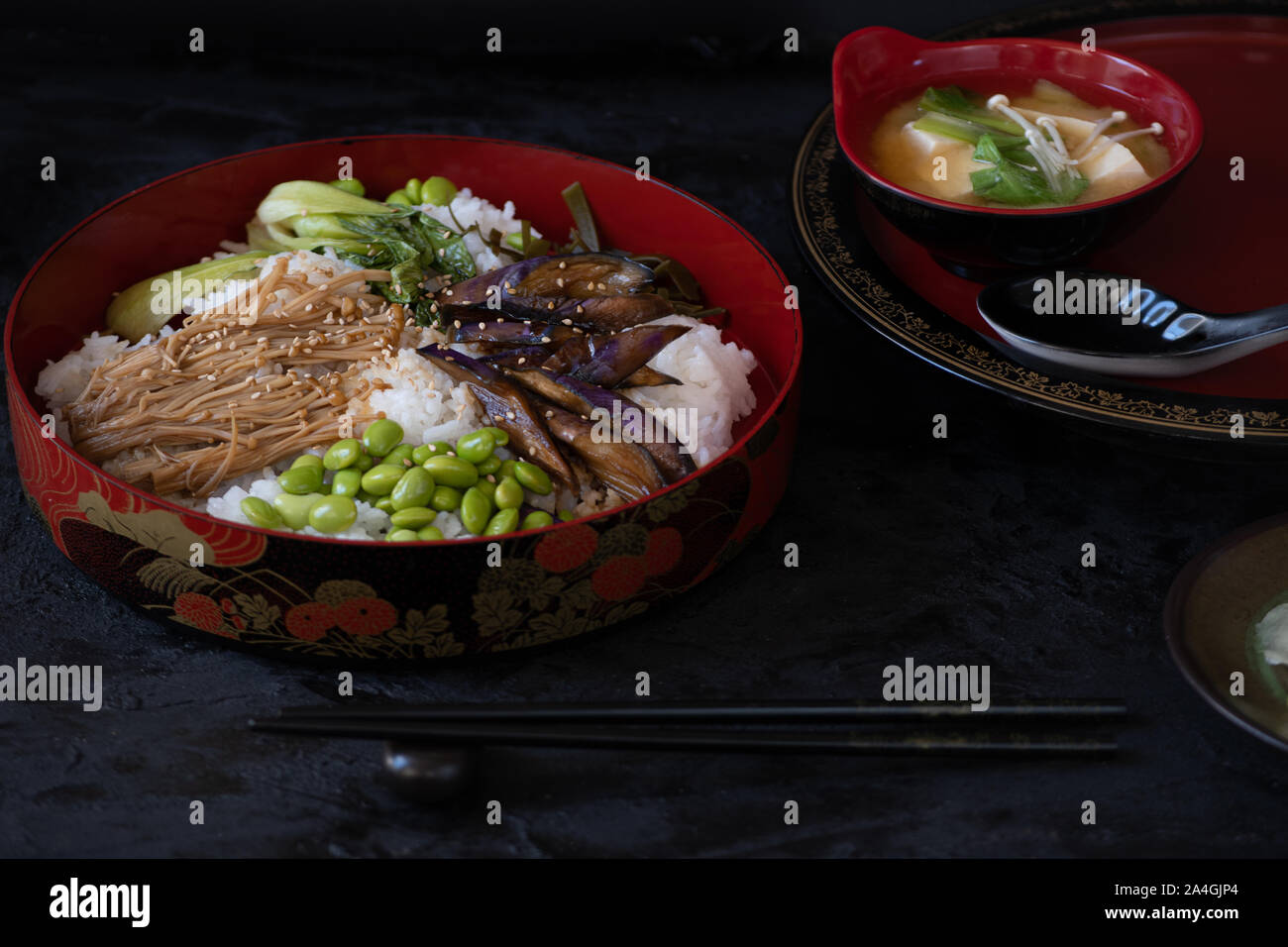 Chirashizushi and miso served in traditional Japanese dishes Stock Photo