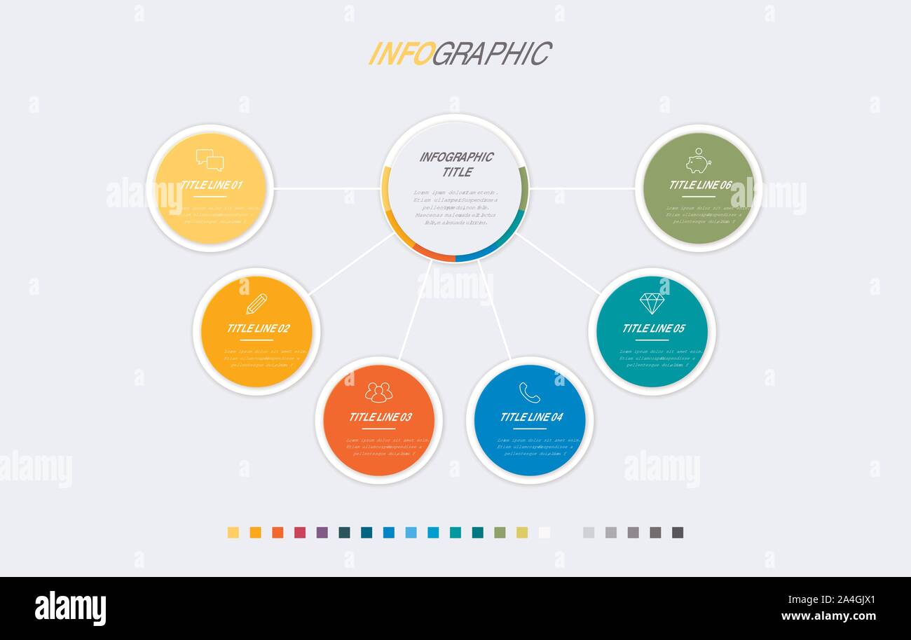 Timeline infographic design vector. 6 options, circle workflow layout. Vector infographic timeline template. Stock Vector