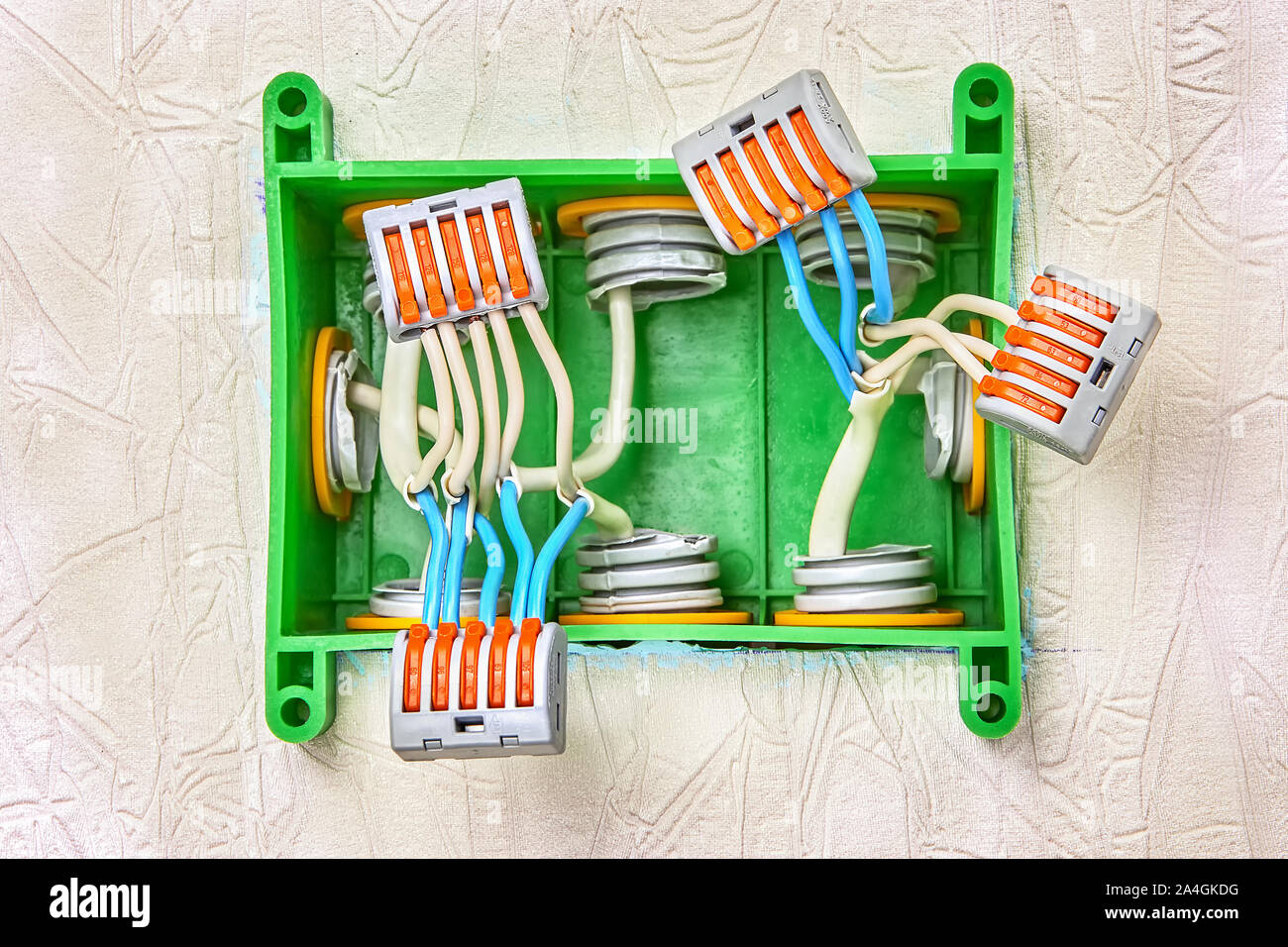 A push spring lever connector of wire on five wires. Squareshaped plastic junction box, inside