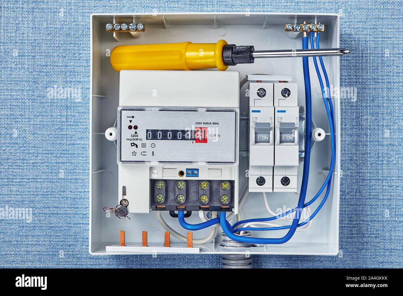 The electrical panel, electric meter and circuit breakers. Distribution board with single phase energy meters. The fuse board has switches that branch Stock Photo