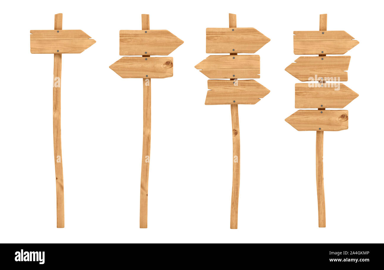 3d rendering of a wooden signpost set with one, two, three and four