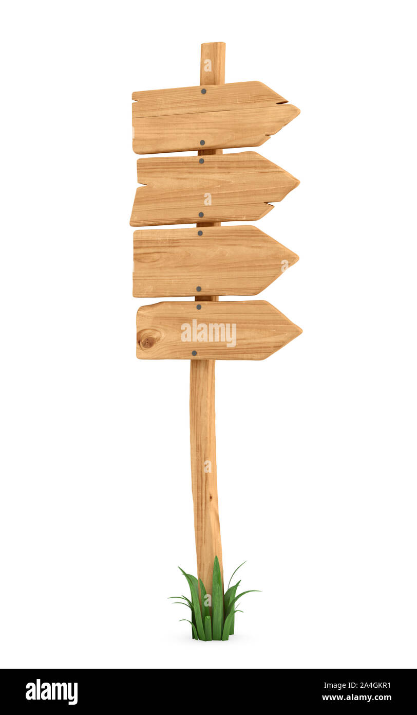 3d rendering of a wooden pole with some grass on it's base and four blank arrows on the top. Stock Photo