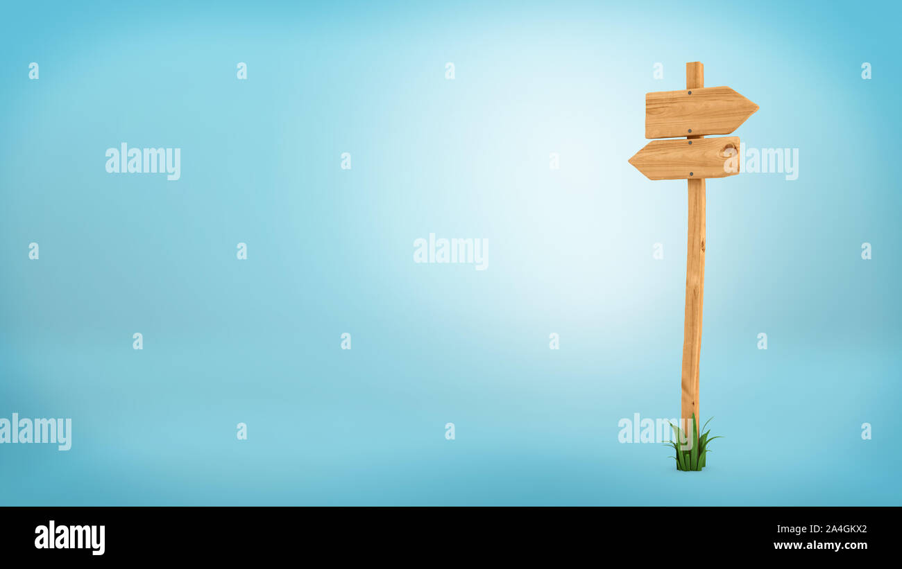 3d rendering of a wooden pole with some grass on it's base and two blank arrows on the top. Stock Photo