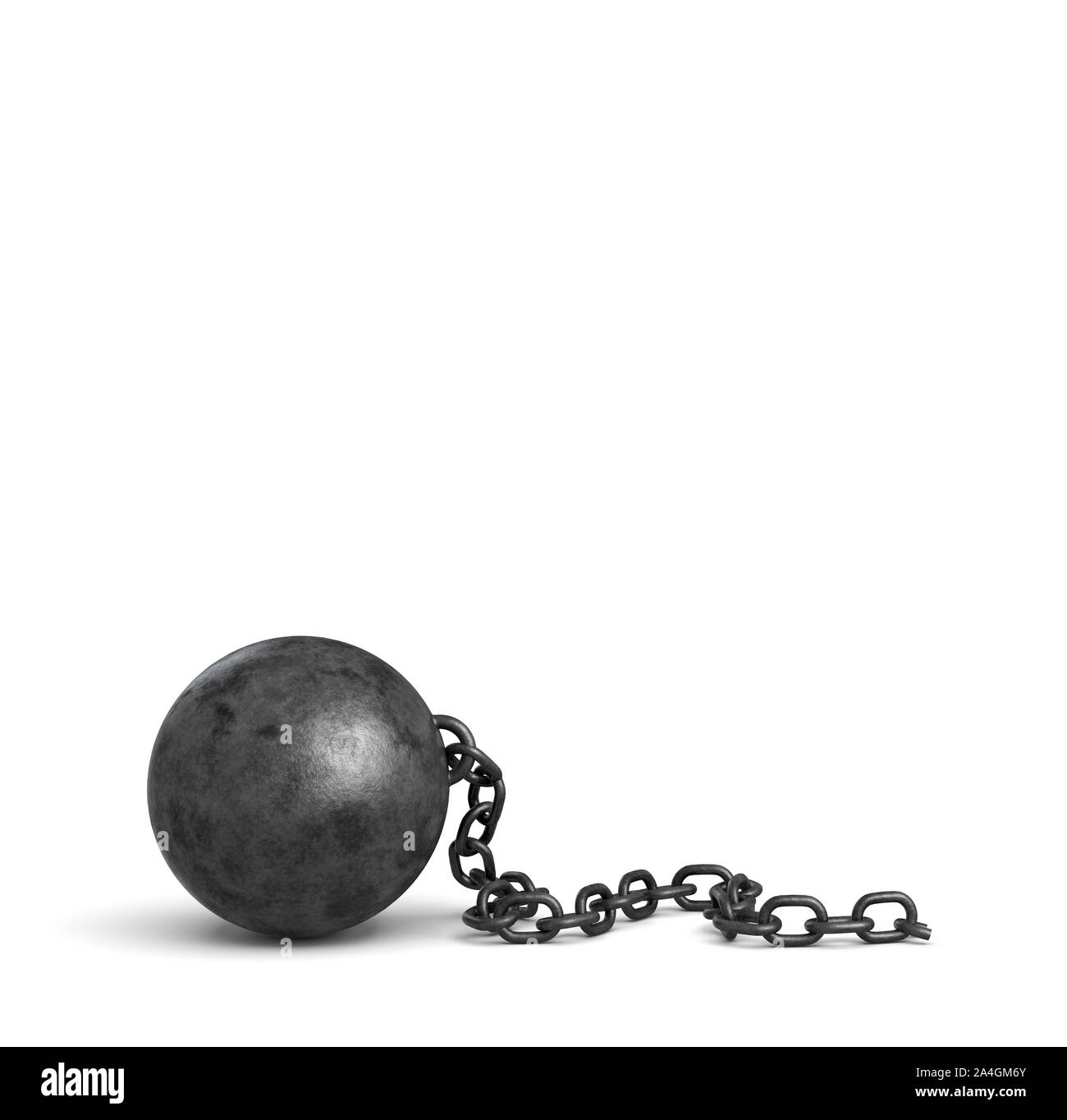 3d rendering of a large black iron ball lying down with a piece of its broken chain Stock Photo