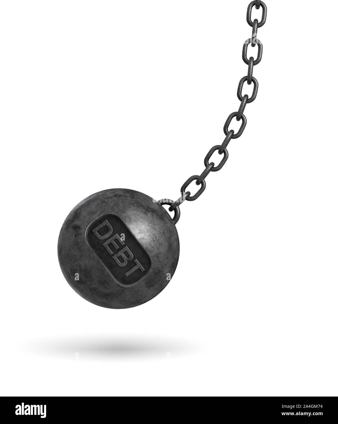 3d rendering of a large wrecking ball with a lettering DEBT swinging on a chain on white background. Stock Photo