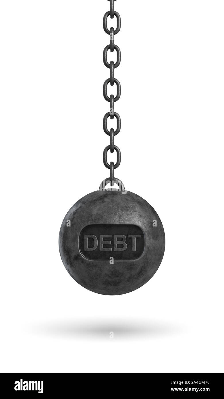 3d rendering of a heavy black wrecking ball with a word DEBT on its body hanging on a chain. Stock Photo