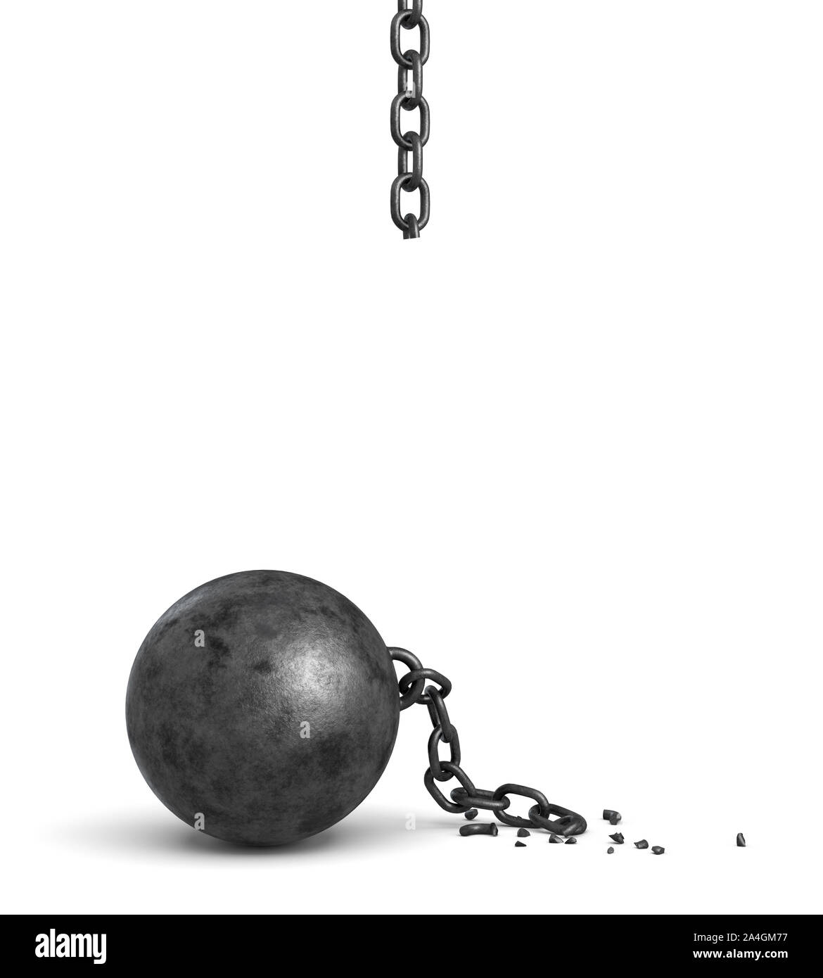 3d rendering of a large black iron ball lying down and a piece of its broken chain hanging from above. Stock Photo
