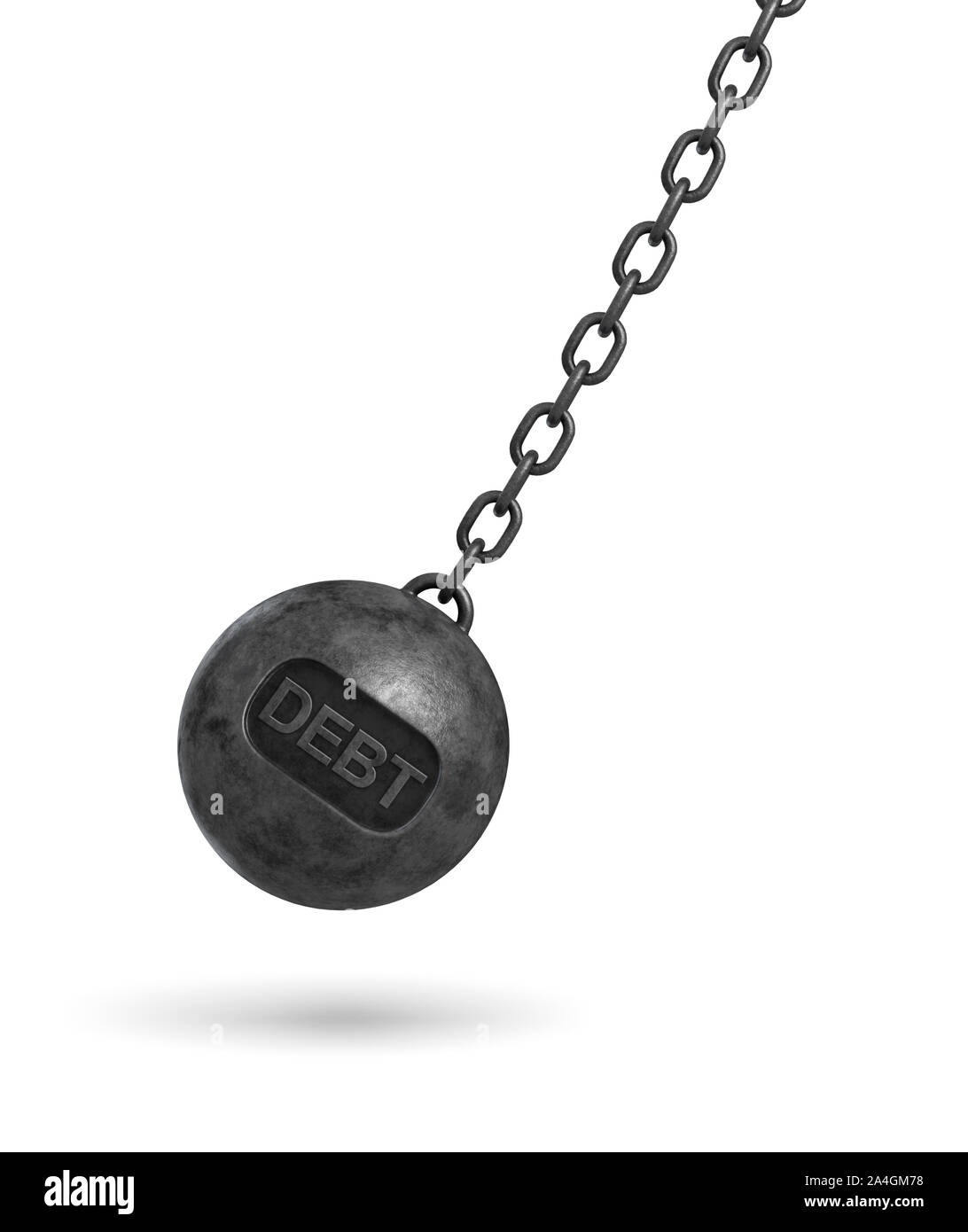 3d rendering of a large wrecking ball with a lettering DEBT swinging on a chain on white background. Stock Photo