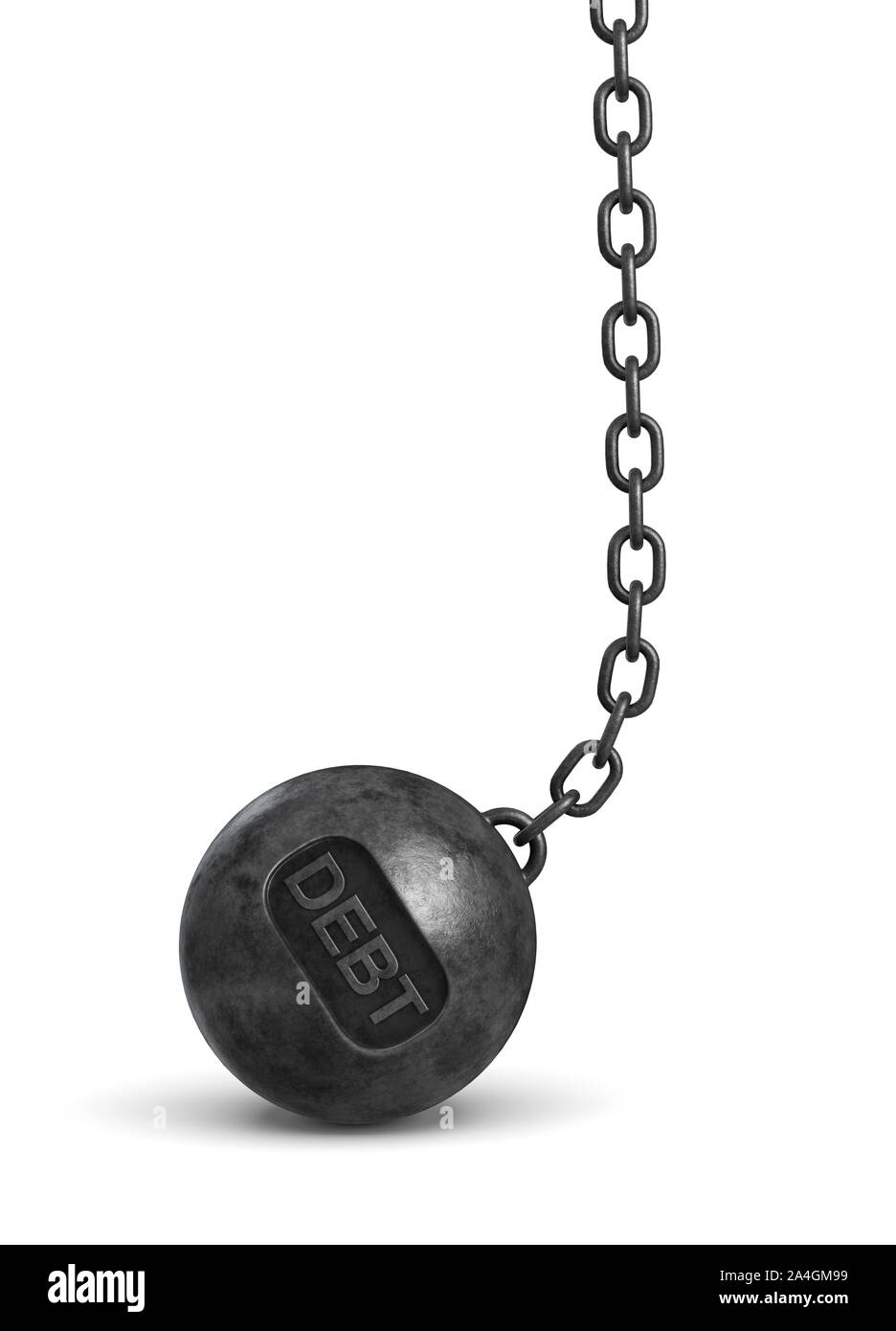 3d rendering of a heavy black wrecking ball with a word DEBT on its body hanging on a chain. Stock Photo