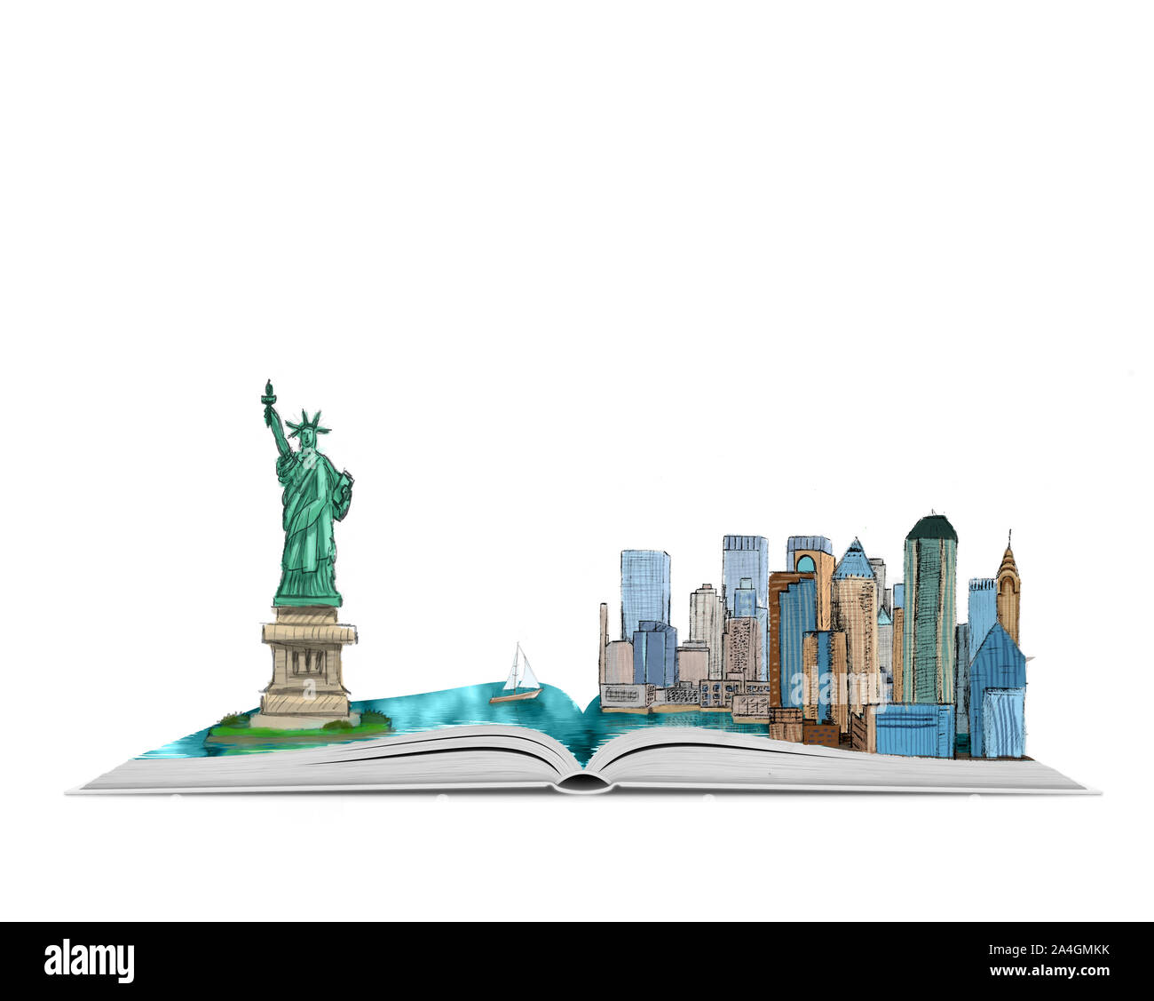 Hand drawn New York City and the Statue of Liberty in open book, isolated on white background