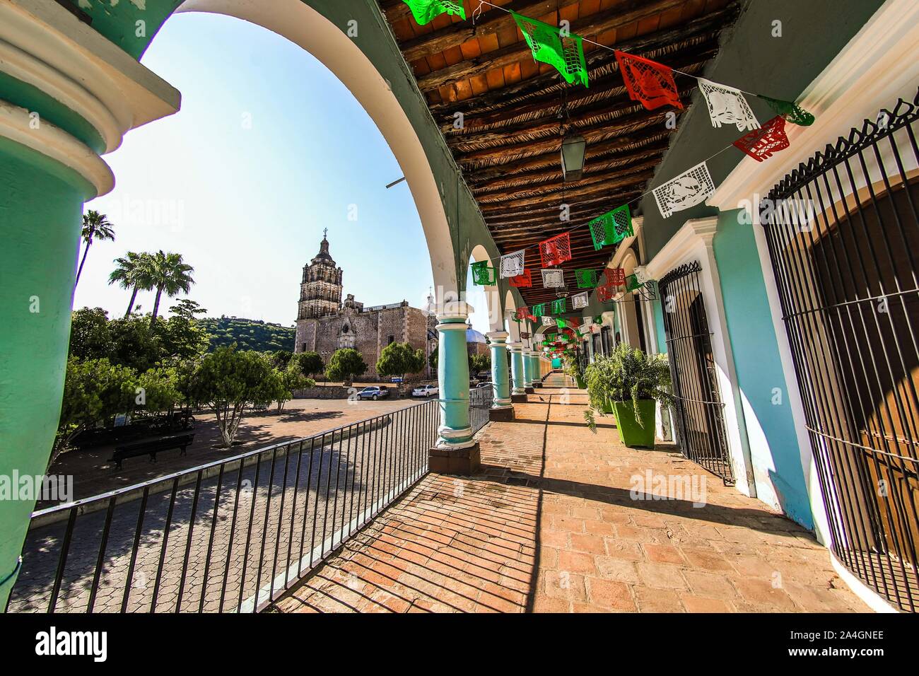 houses and streets of Álamos Sonora México, Magical town and exterior dome of Iglesia de la