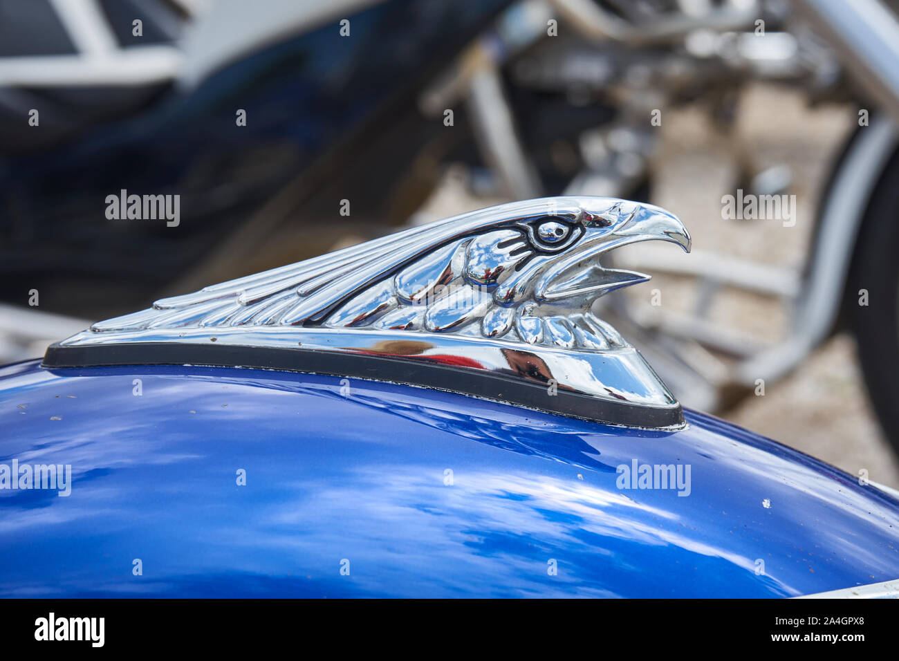 Pontarlier - Bourgogne Franche Comté France - June 16th 2019 - Eagle With Open Mouth Motorcycle Mudguard Decoration Sits ON a Parked Trike At Local Ca Stock Photo