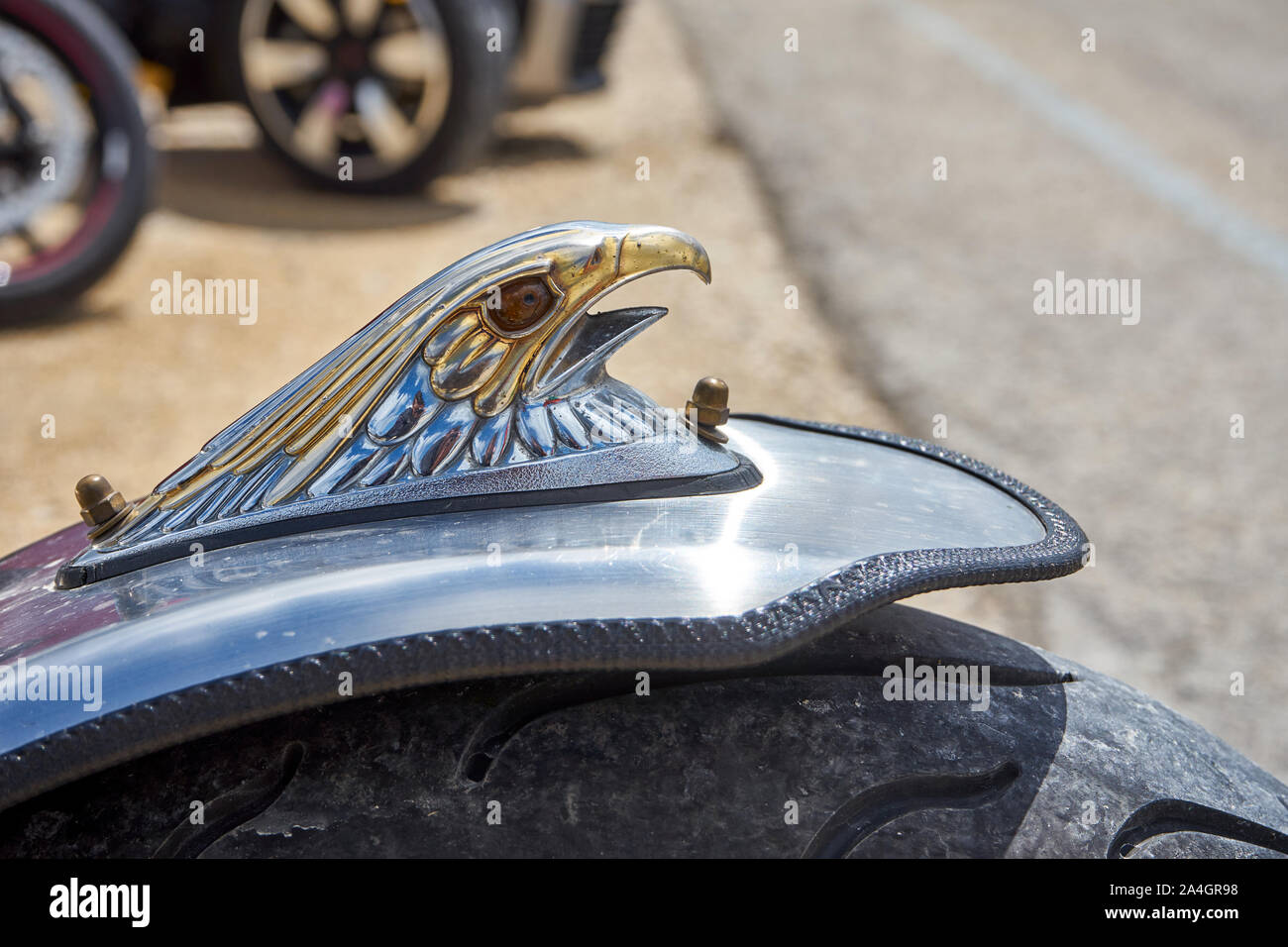 Pontarlier - Bourgogne Franche Comté France - June 16th 2019 - Eagle With Open Mouth Motorcycle Mudguard Decoration Sits On a Parked Trike At Local Ca Stock Photo