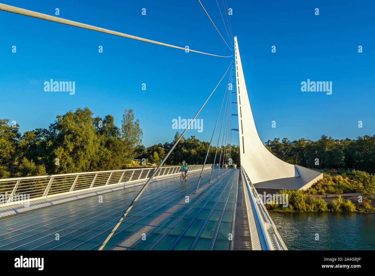 California, Redding, Sundial Bridge at Turtle Bay Exploration Park, spans Sacramento River, bicyclist Stock Photo