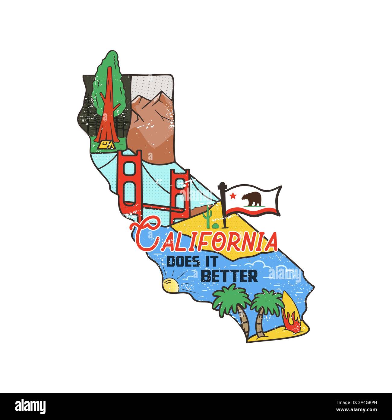 Vintage California map badge with tourist attractions. Retro style US state patch concept, print for t-shirt and other uses. Included quote saying - Stock Vector