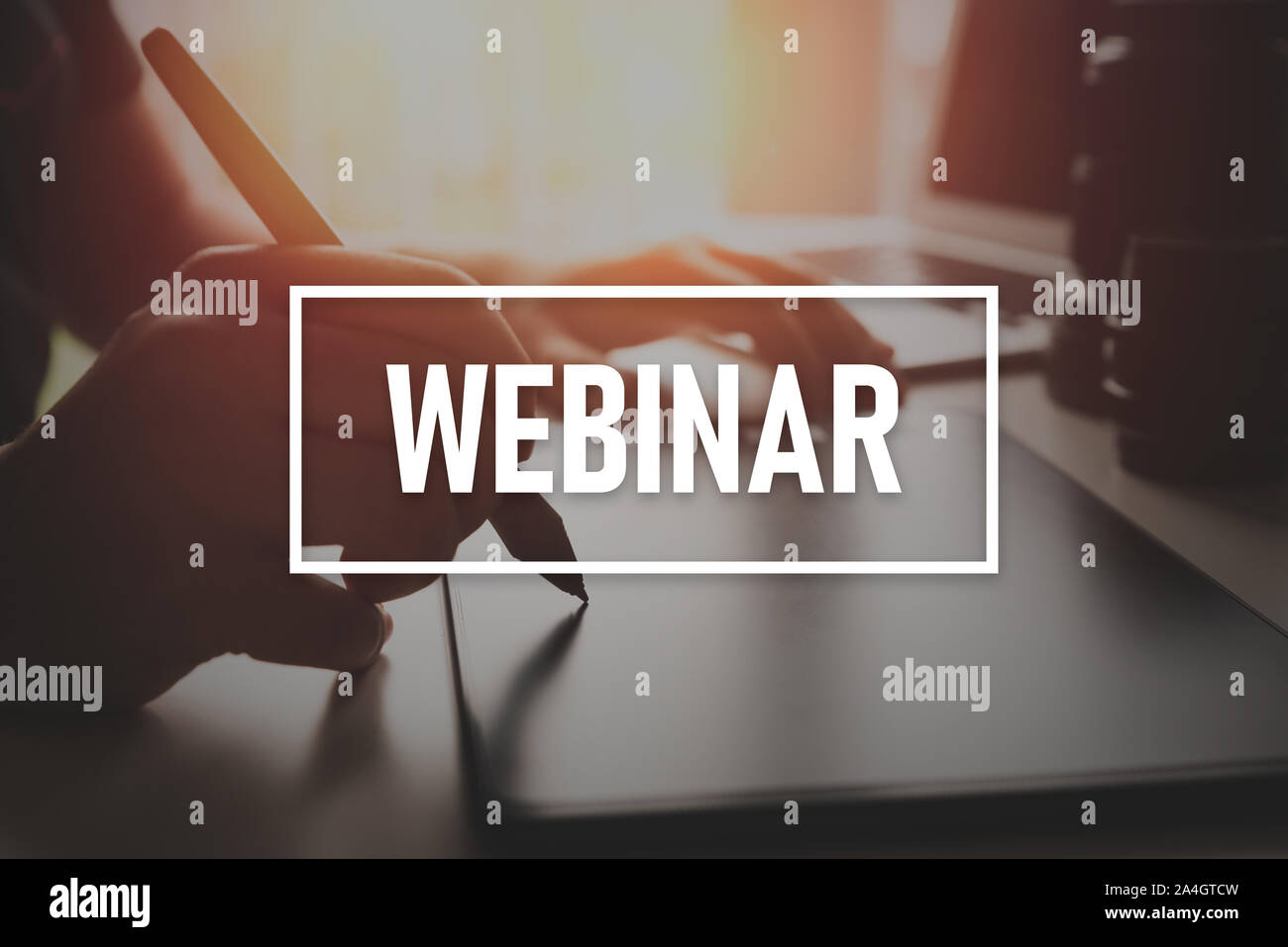Man learning graphic design, webinar concept. Graphic tablet close up. Stock Photo