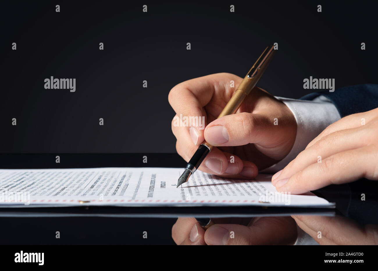 Lawyer, notary, attorney signs act, legal document. Hand with elegant