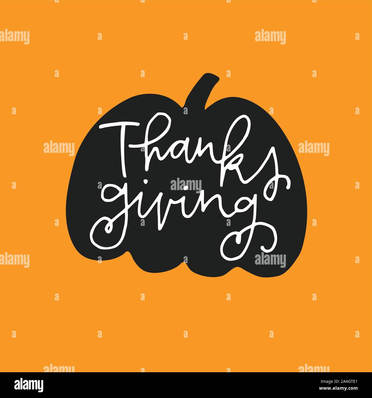 Cute Thanksgiving holiday greeting card, invitation with hand drawn black silhouette of pumpkin and white hand-lettered text. Vector illustration Stock Vector