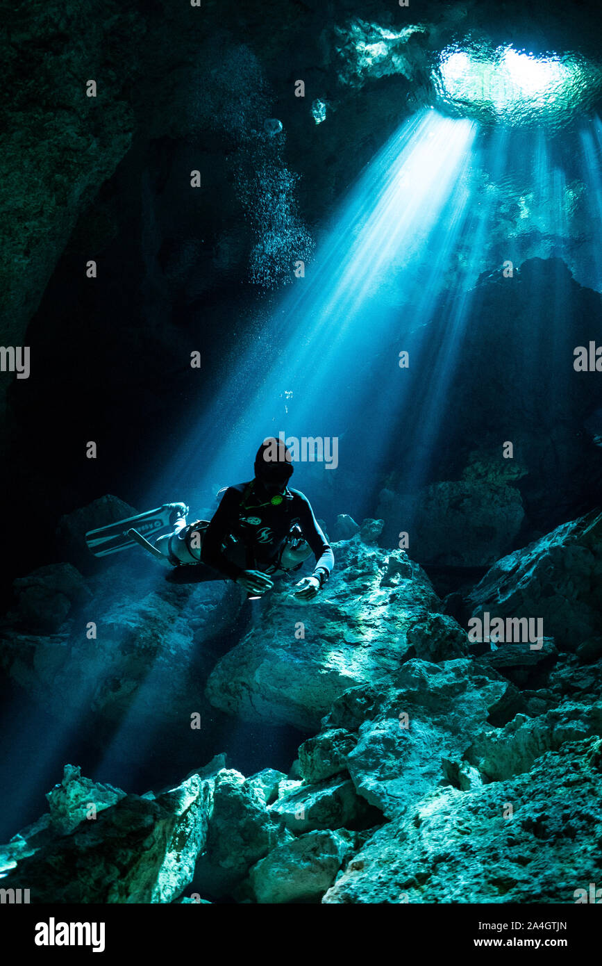 A scuba diver is silhouetted by crisp light rays underwater in Tajma Ha Cenote, Mexico. Stock Photo