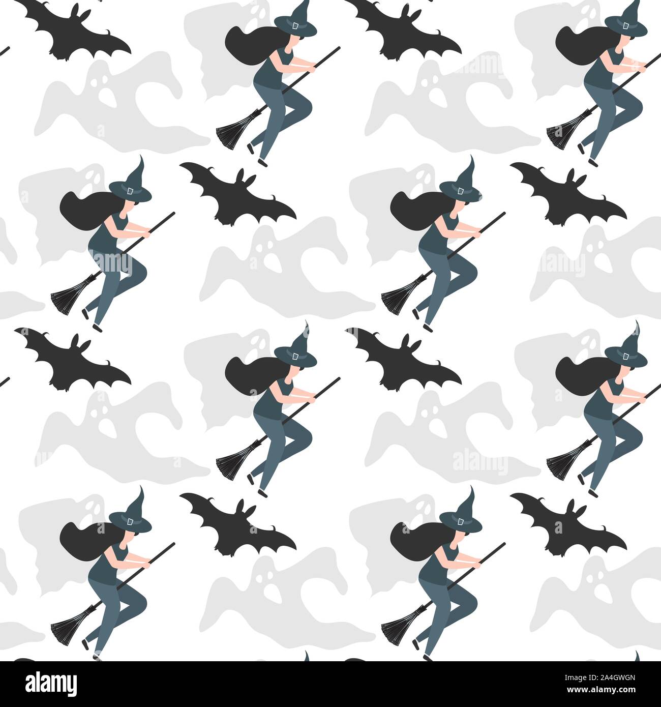 Halloween 2020 vector seamless pattern with witch in hat on broomstick ...
