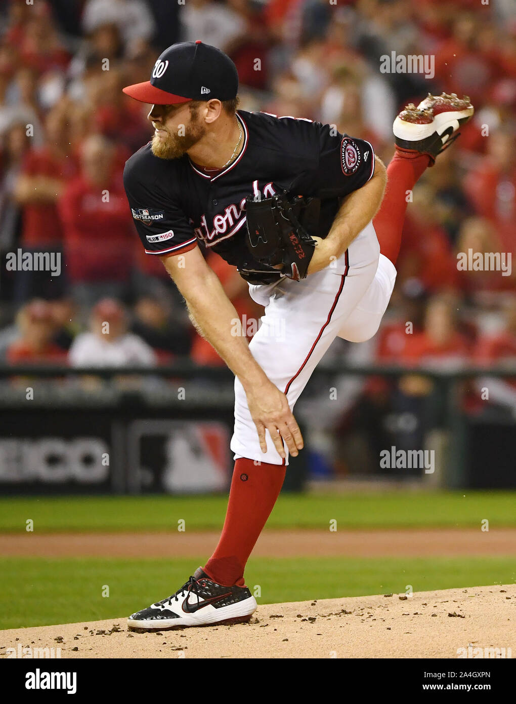 Washington, United States. 14th Oct, 2019. Washington Nationals starting pitcher Stephen Strasburg delivers to the St. Louis Cardinals during the first inning of game 3 of the NLCS at Nationals Park in Washington, DC, on Monday, October 14, 2019. Photo by Kevin Dietsch/UPI Credit: UPI/Alamy Live News Stock Photo