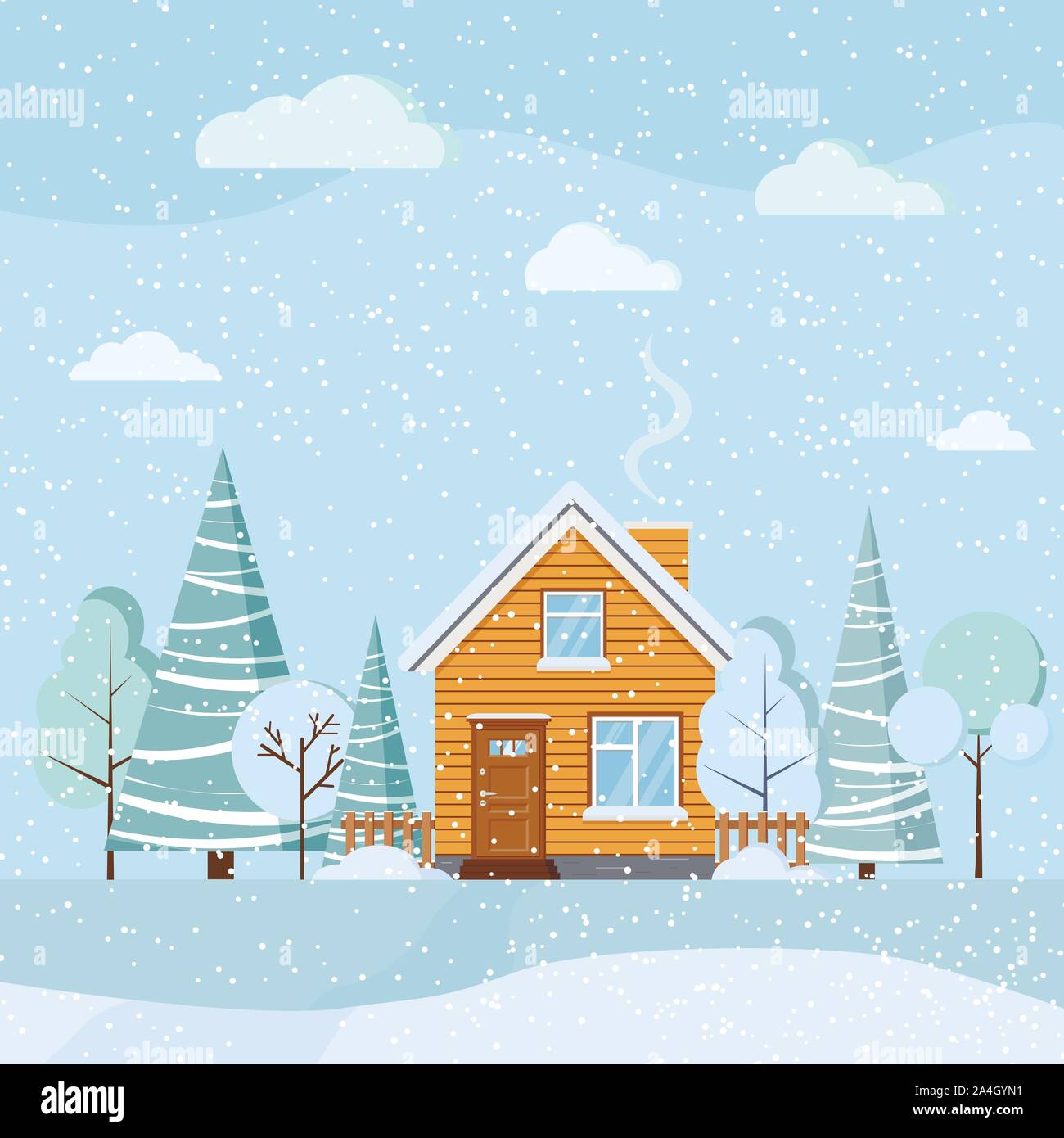 Flat Design Blue Beautiful Winter Landscape With Wooden Rural House With Chimney Snowy Fields Winter Trees Spruces Clouds Snowfall In Cartoon Sty Stock Vector Image Art Alamy https www alamy com flat design blue beautiful winter landscape with wooden rural house with chimney snowy fields winter trees spruces clouds snowfall in cartoon sty image329828605 html