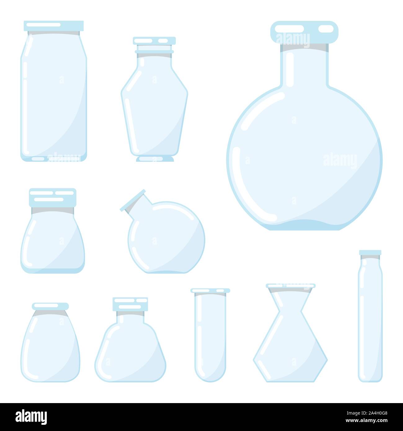 Blue clear glass chemical different shapes test tubes flask icon set
