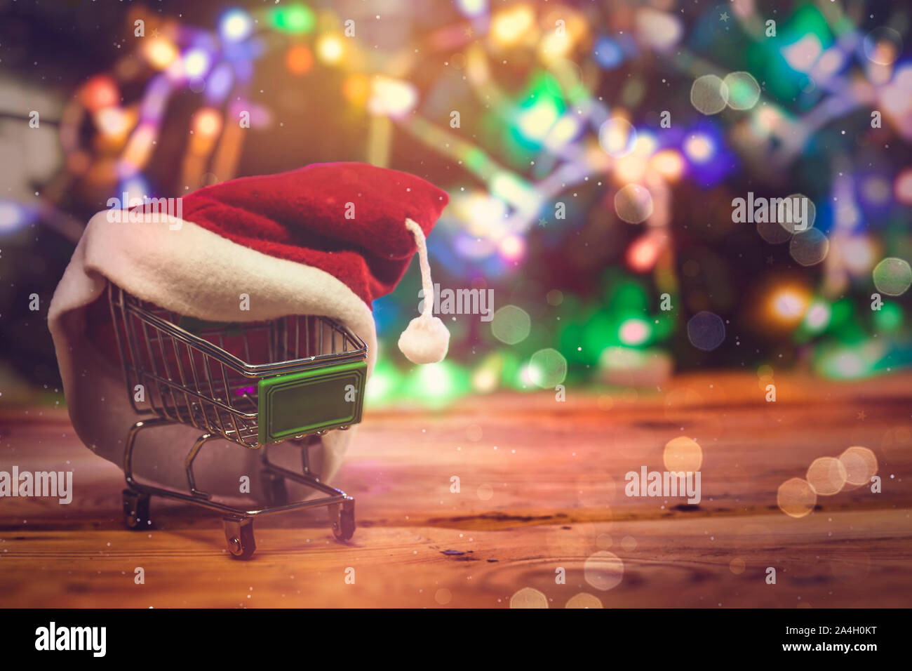 Christmas Shopping X Mas Sale Concept Shopping Cart And Santa Cap