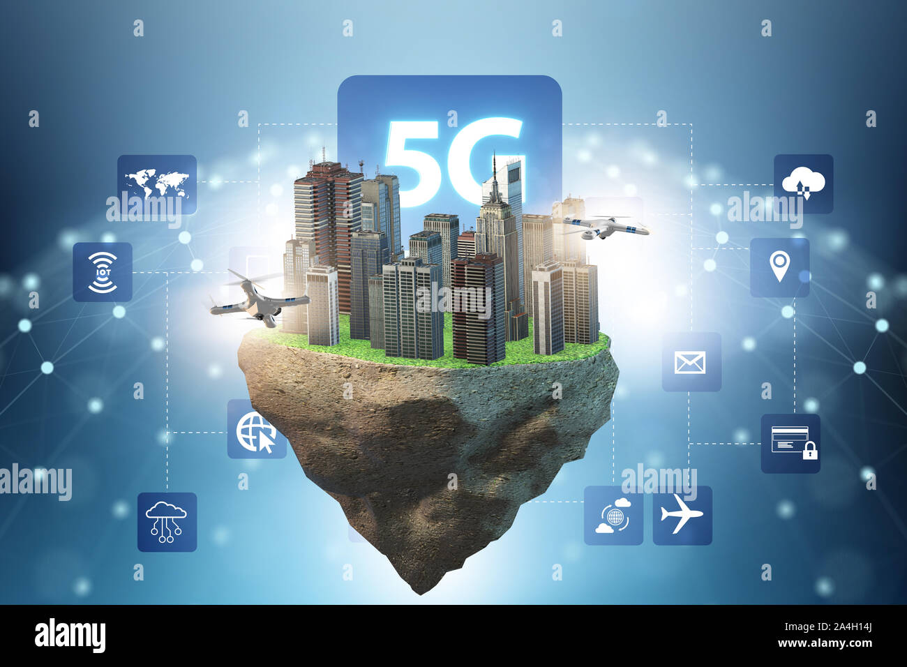 The concept of 5g technology with floating island Stock Photo