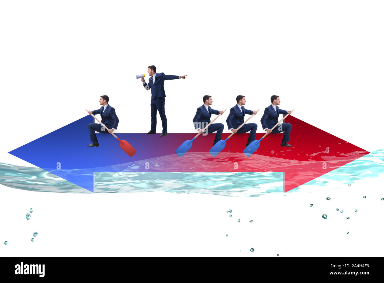 Disagreement concept with businessmen rowing in different directions