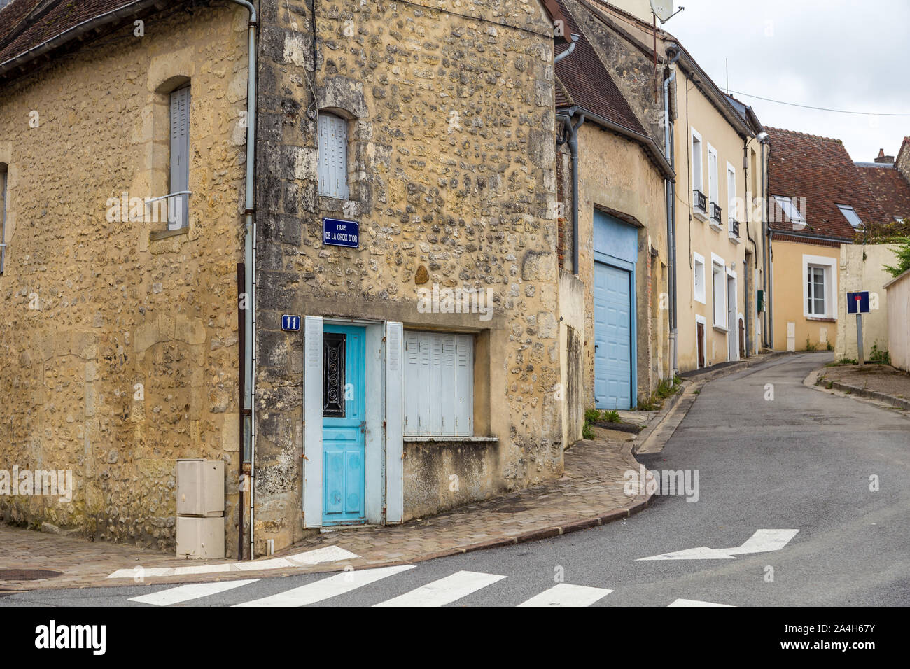 Belleme, France - August 29, 2018: cityscape of typical buildings and streets of Belleme, a medieval village Stock Photo