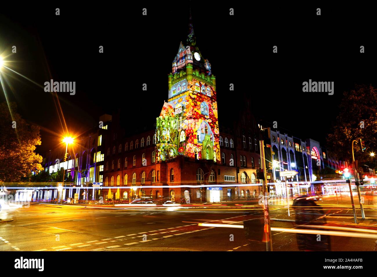 Berlin, Germany. 14th Oct, 2019. Germany: In Berlin, many buildings are illuminated spectacularly at the 'Festival of Lights' and at 'Berlin lights'. The photo shows Rathaus Steglitz in Berlin Steglitz. (Photo by Simone Kuhlmey/Pacific Press) Credit: Pacific Press Agency/Alamy Live News Stock Photo