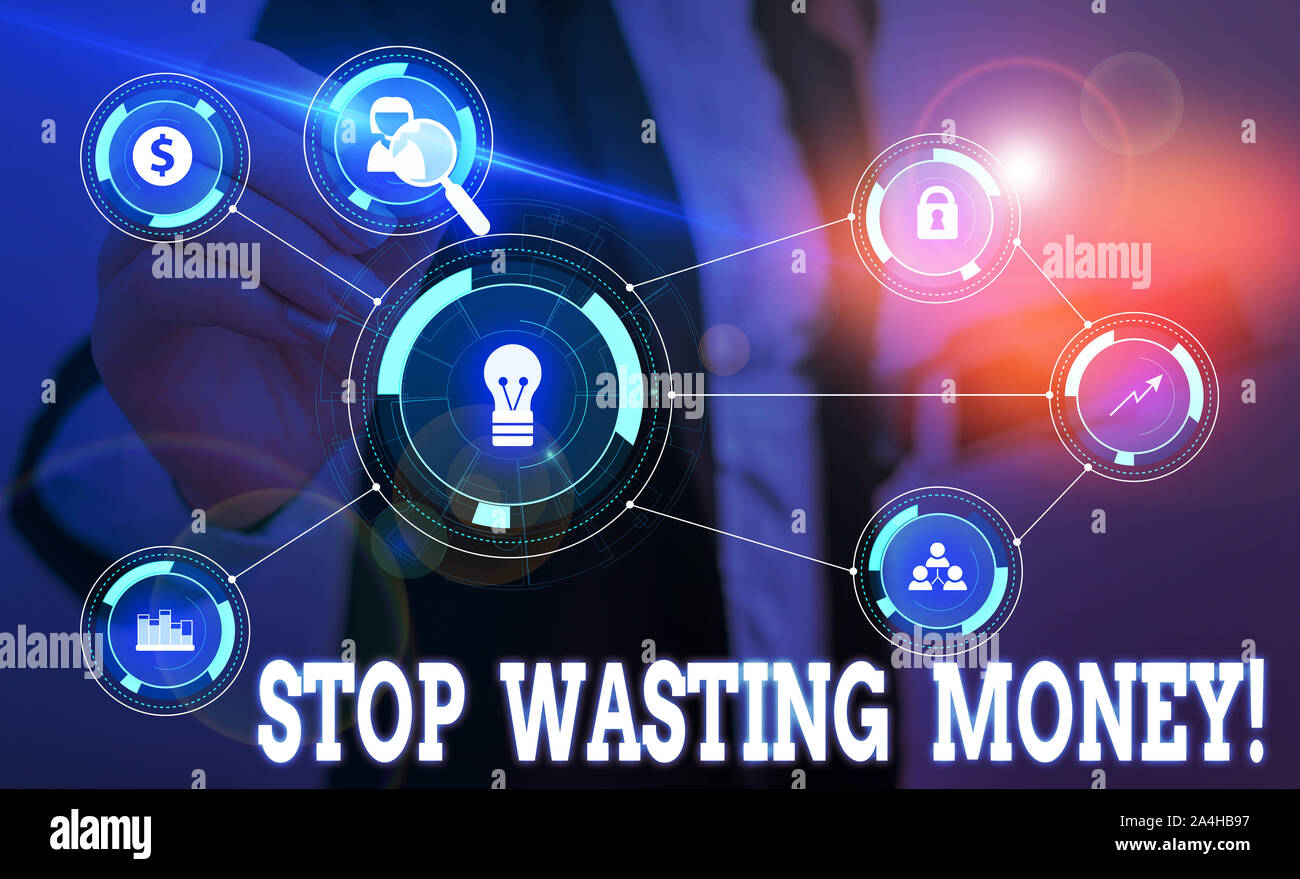 Writing note showing Stop Wasting Money. Business concept for advicing