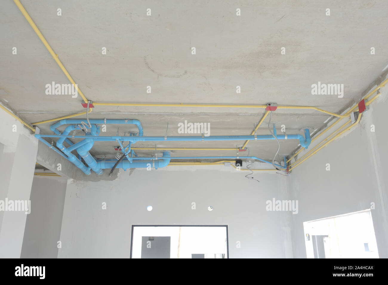 Installation work for electrical and sanitary system Stock Photo