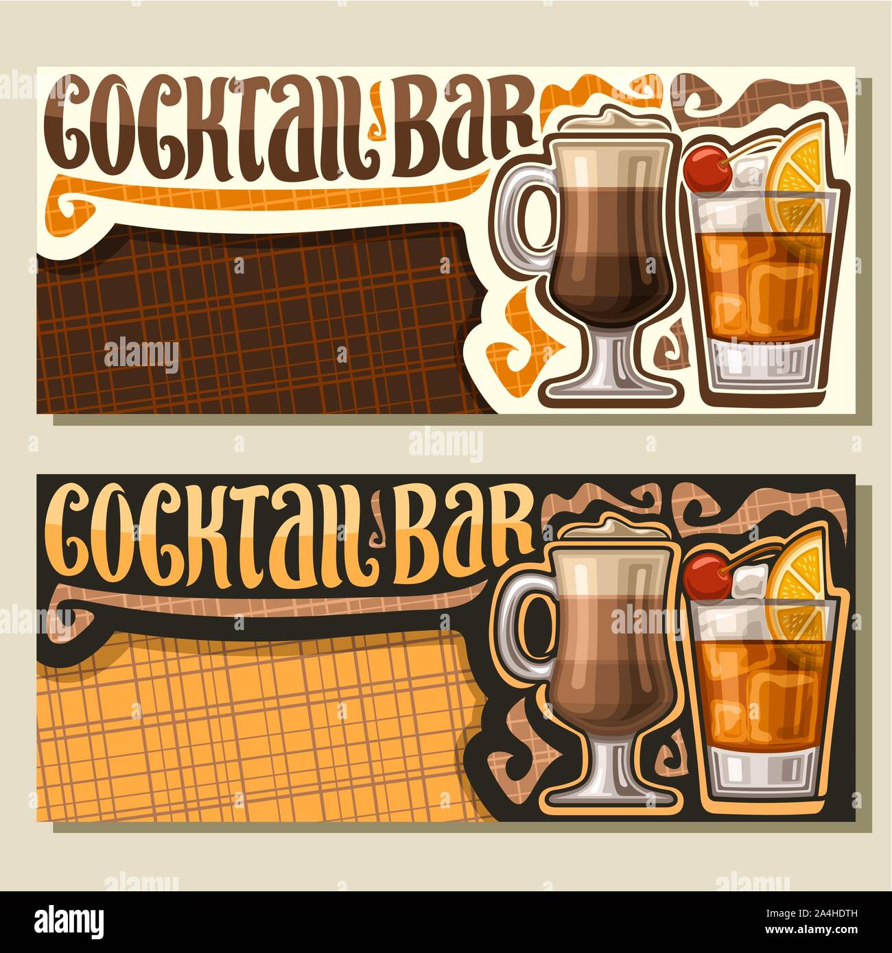 Vector banners for Cocktail Bar with copy space, layouts invitation with original brush typeface for words cocktail bar, hot drink irish coffee with c Stock Vector