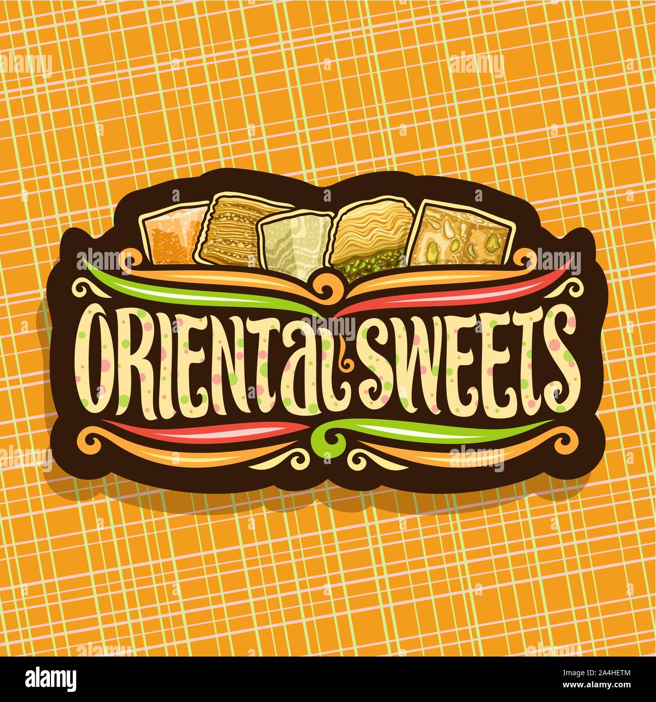 Vector logo for Oriental Sweets, design signboard for eastern patisserie with original brush typeface for words oriental sweets and turkish delight lo Stock Vector