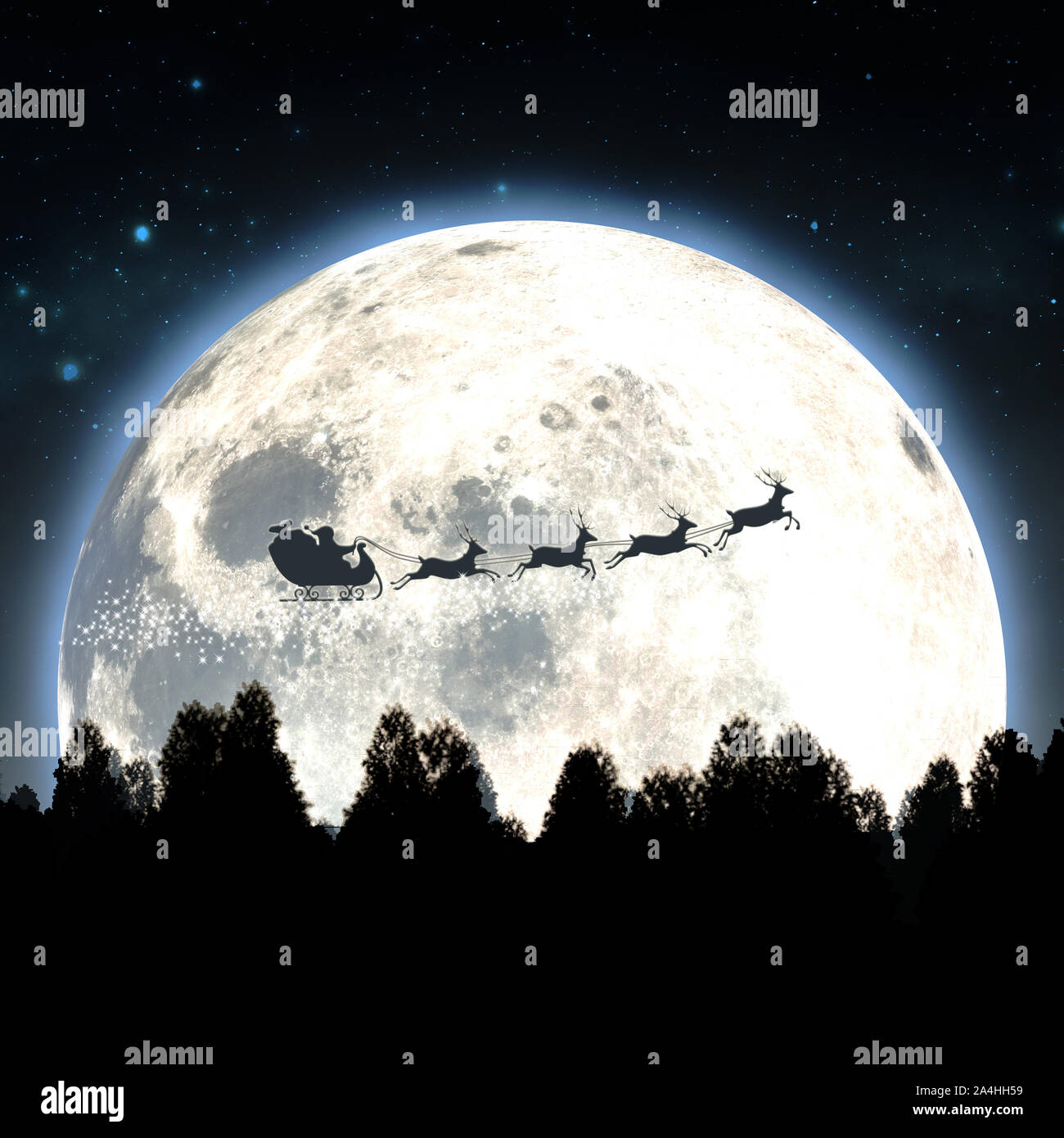 Santas sleigh silhouetted against the backdrop of a full moon and night ...