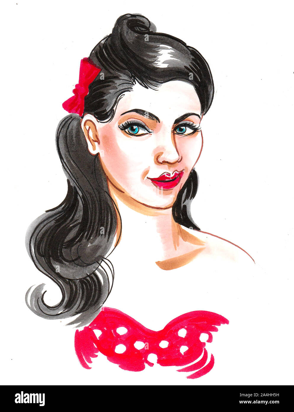 Pretty Woman With A Pin Up Style Hair Ink And Watercolor