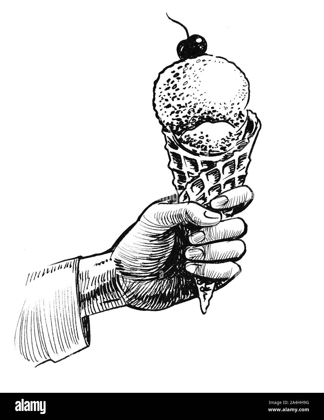 Hand Holding An Ice Cream Cone With A Cherry On Top Ink Black And White Drawing Stock Photo Alamy