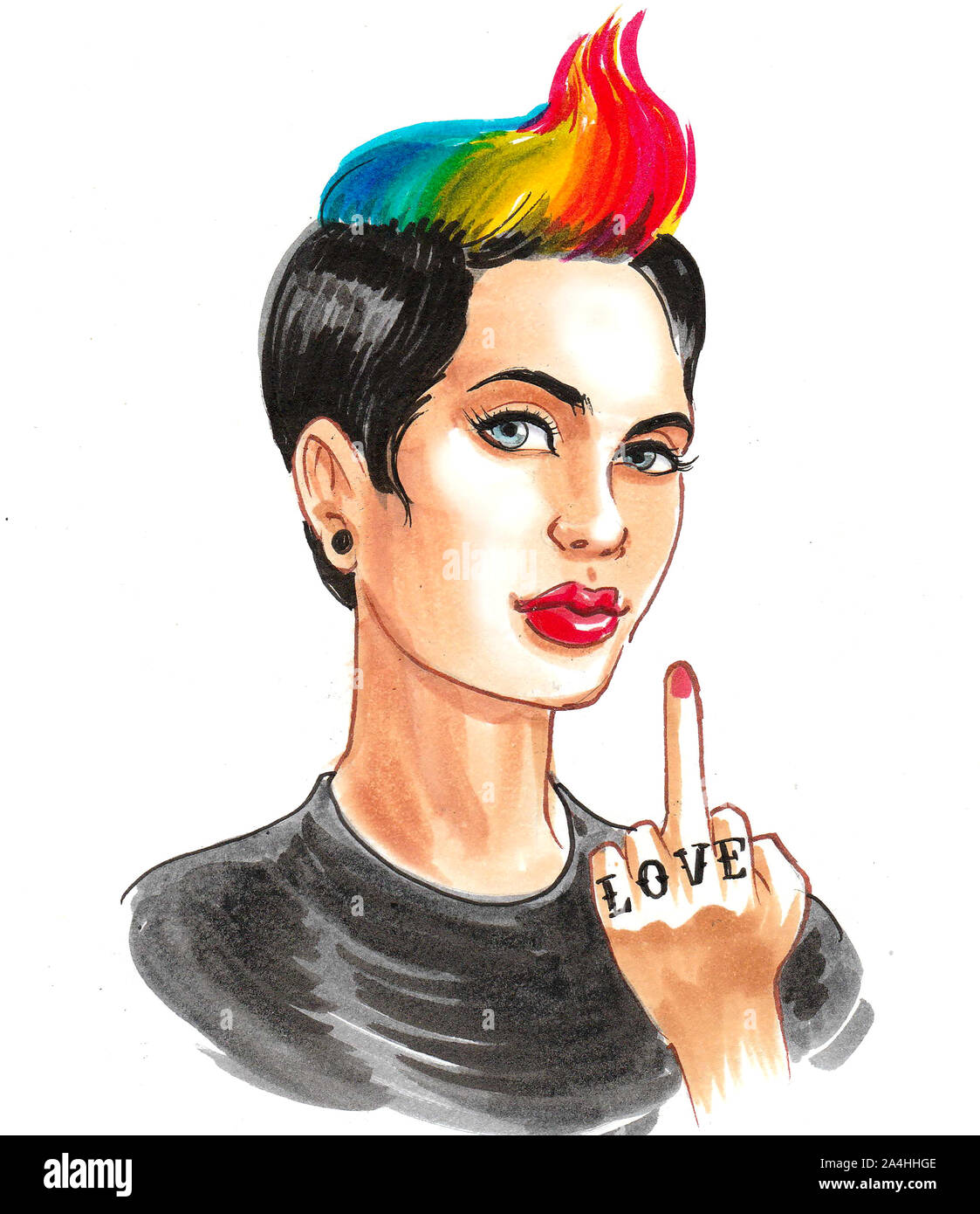 Punk Girl Showing Middle Finger Ink And Watercolor