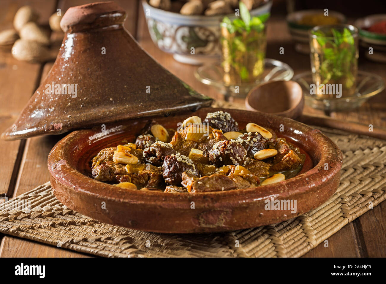 Tagine of lamb with prunes and almonds. Morocco Food Stock Photo