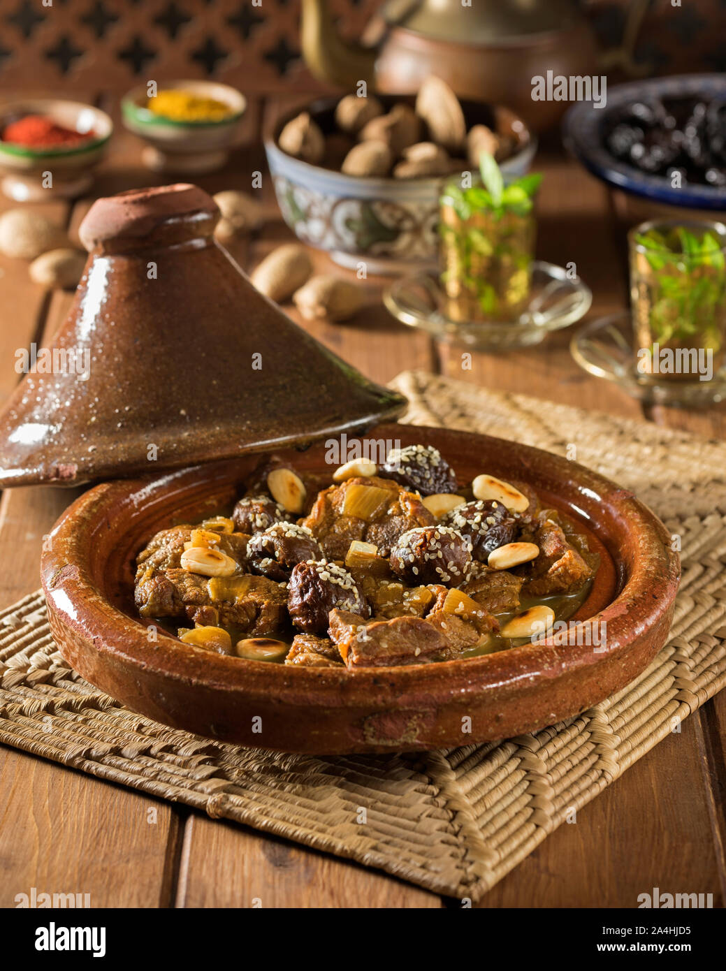 Tagine of lamb with prunes and almonds. Morocco Food Stock Photo